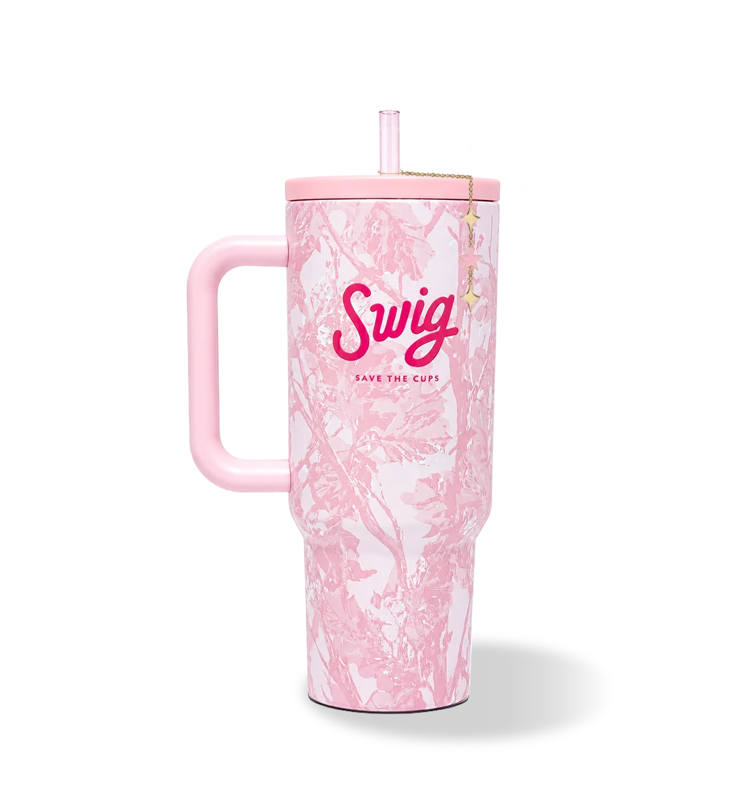 Save the Cups pink camo tumbler with charm